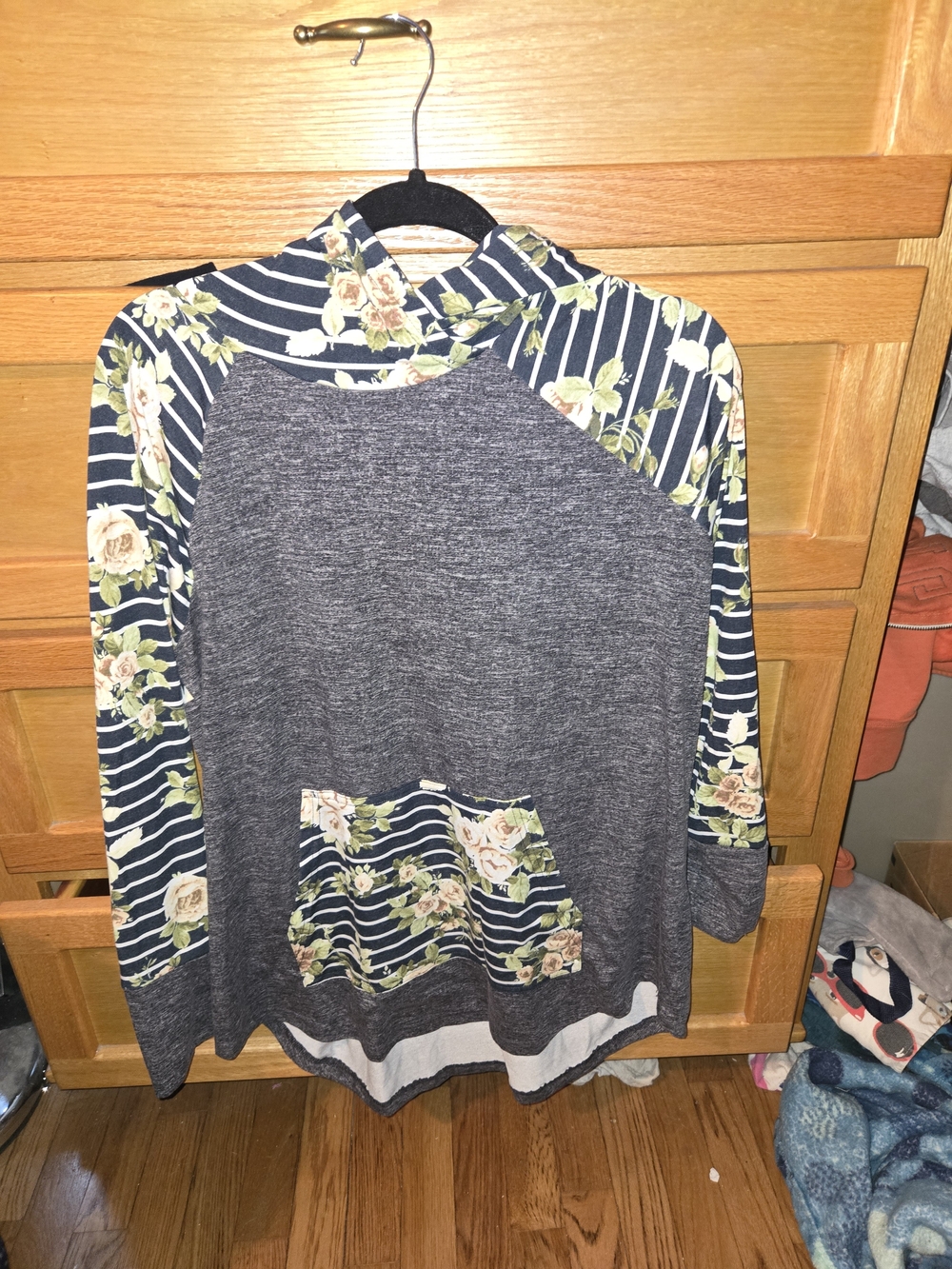 LuLaRoe Navy Floral-Striped Raglan Hoodie with Gray Body